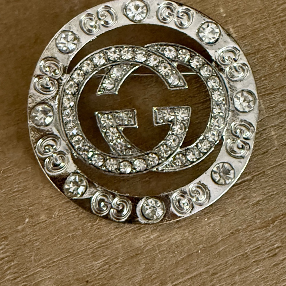 Crystal Double G Style Circle Brooch – Silver Tone Rhinestone Statement Pin - Picture 2 of 5